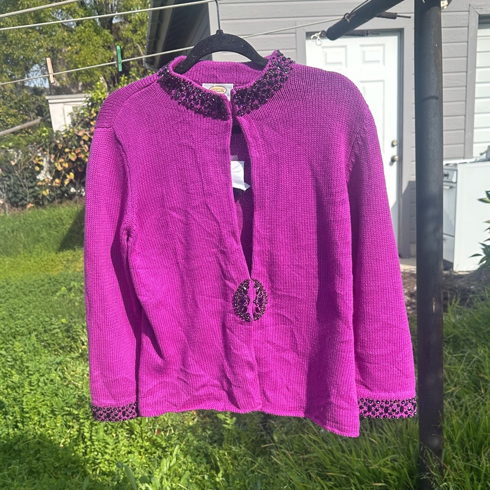 Y2K Talbots Magenta Cardigan with Rhinestone Details 30% Cashmere 70% Cotton